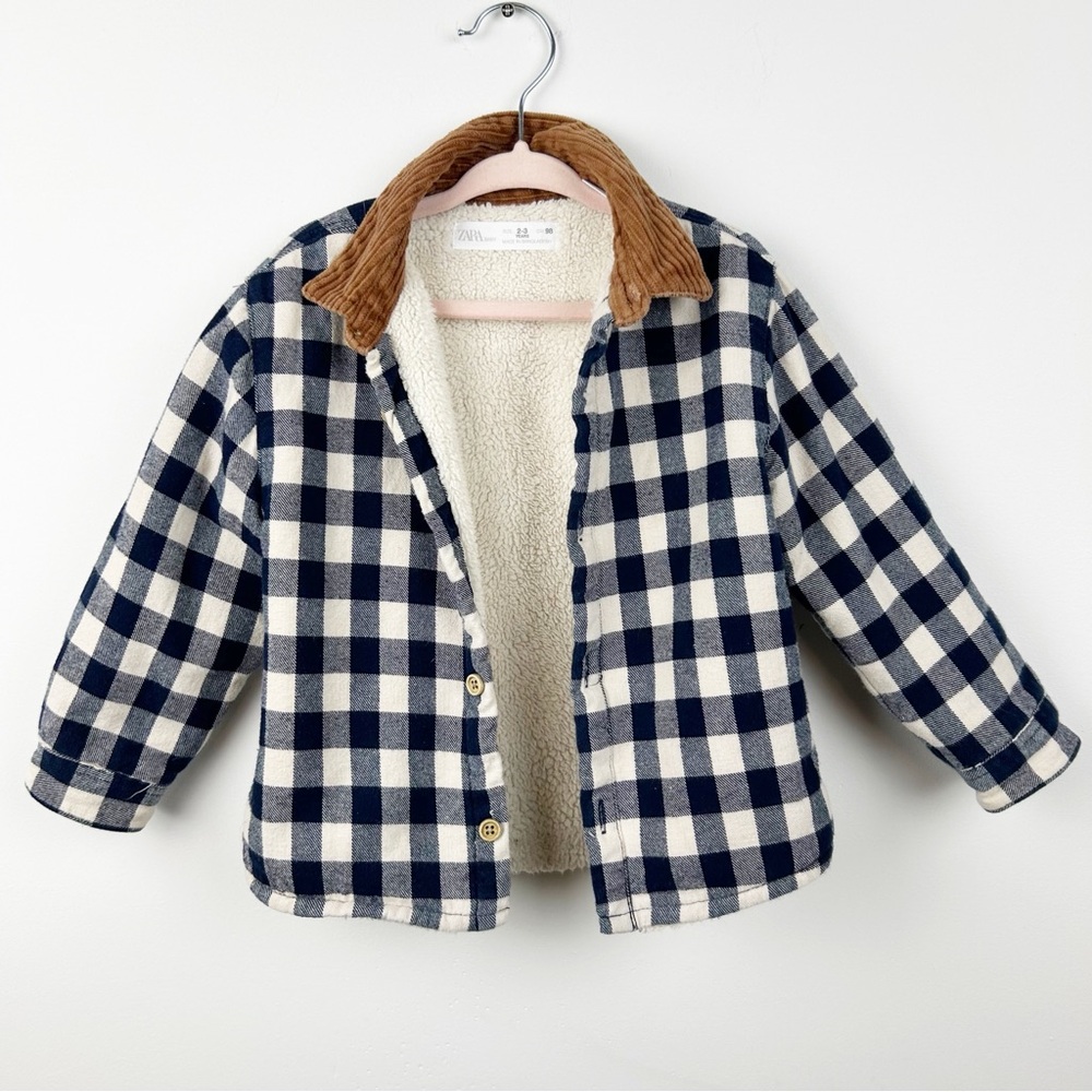 Zara Toddler Navy Blue Plaid Sherpa Lined Flannel Jacket